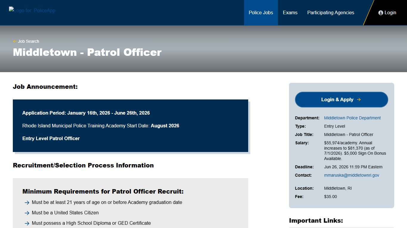 Middletown, RI - Patrol Officer Job | PoliceApp